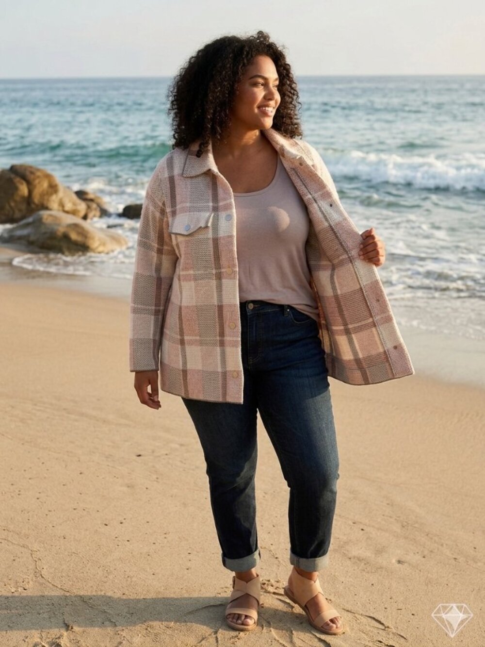 Rachel Zoe Plaid Shacket Shirt Jacket Pink Cream Plus Size 2X Oversized